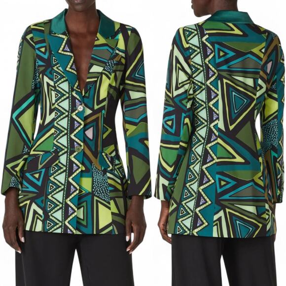 Kahindo Jackets & Blazers - Kahindo Green Geometric Print Tuxedo Blazer Statement Jacket Mini Dress, S EUC